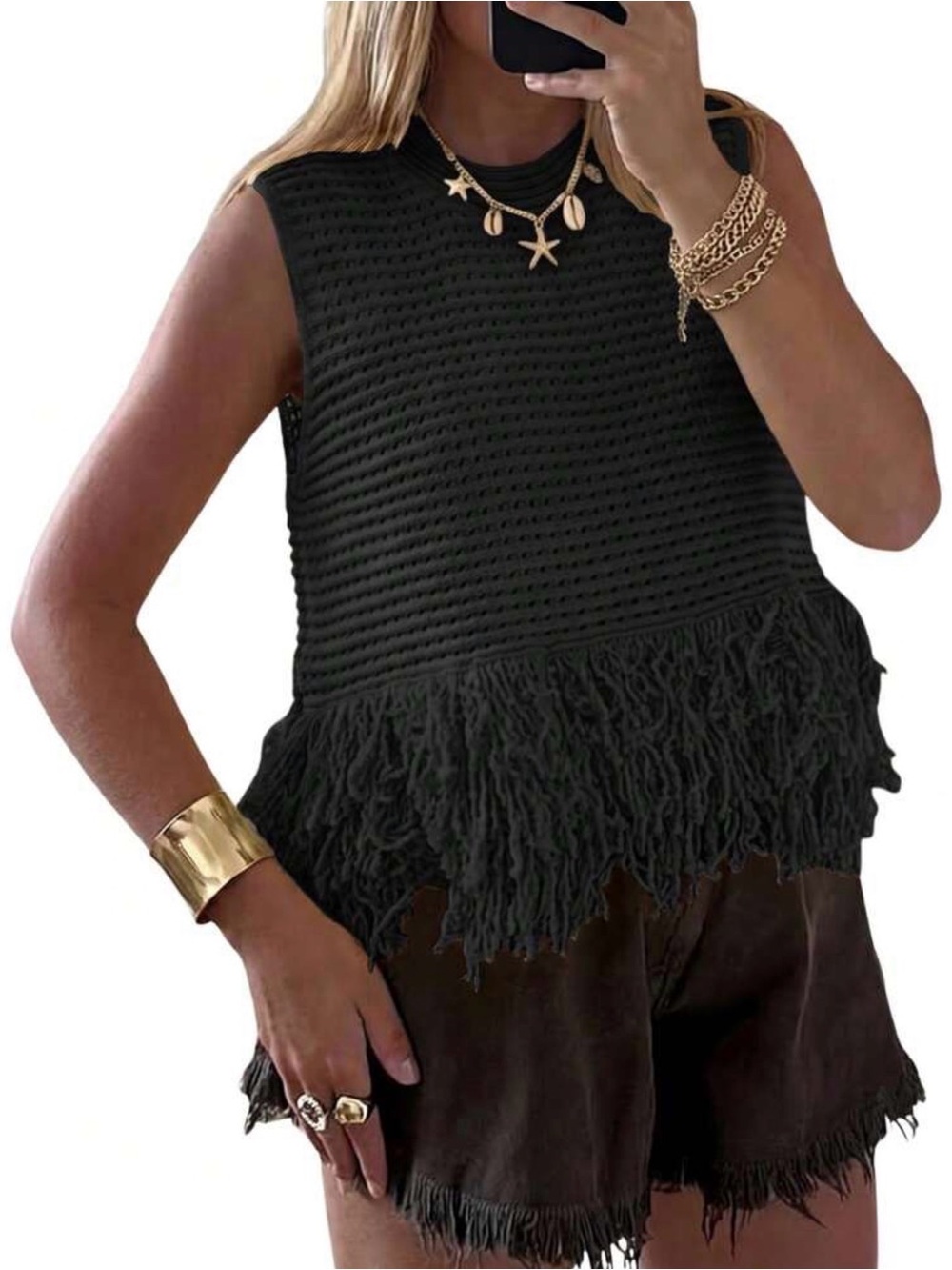 Sleeveless Fringe Knit Tank Top - Black
